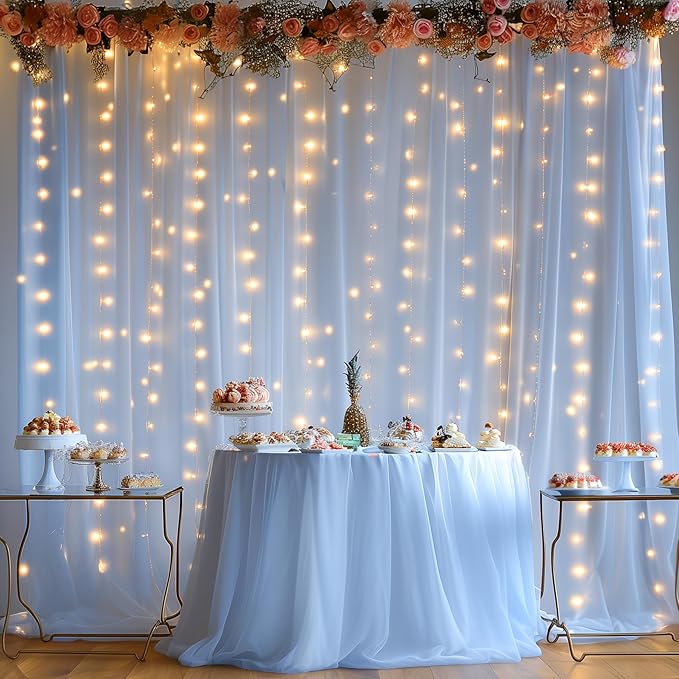 10x8ft Baby Blue Tulle Backdrop Curtain with Lights String for Parites, Sheer Backdrop Curtains for Wedding Baby Shower Birthday Party Photo Shoot Decorations