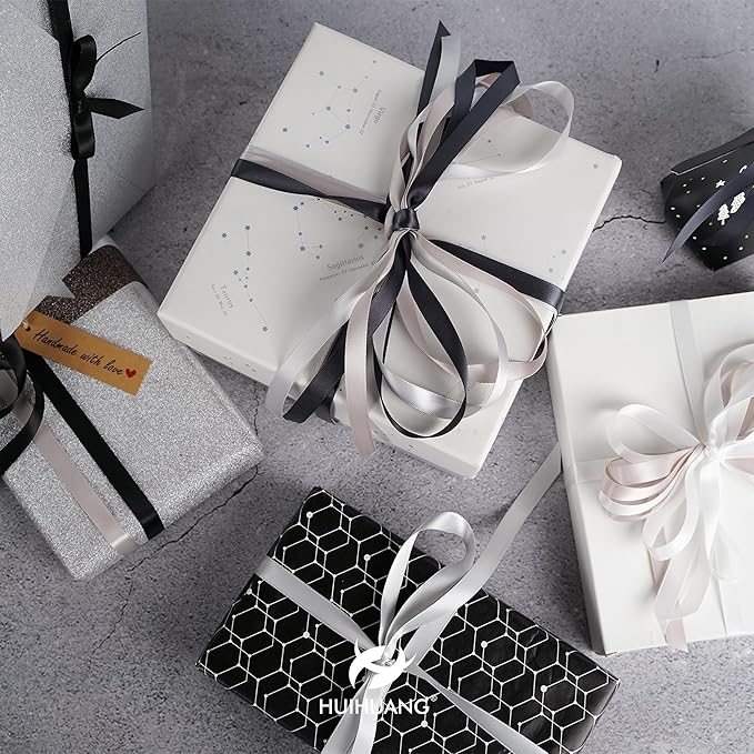 HUIHUANG Black White Silver Ribbon 3/8" Satin Ribbon Assorted 5 Colors Double Face Solid Color Ribbon for Holiday Day Gift Wrapping DIY Bow DIY Crafts, 10 Yard Each Total, 50 Yds Per Package