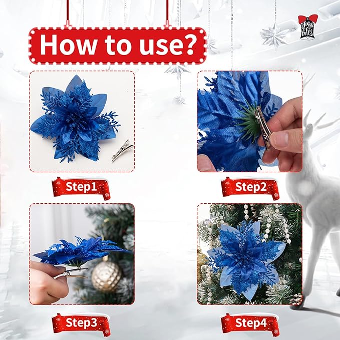 24Pcs Christmas Poinsettia Artificial Flowers and Glitter Berries Kit, 2 Styles Total 16Pcs Christmas Tree Flowers Ornaments, 8Pcs Christmas Tree Picks for Wedding Holiday Decorations, Baby Blue
