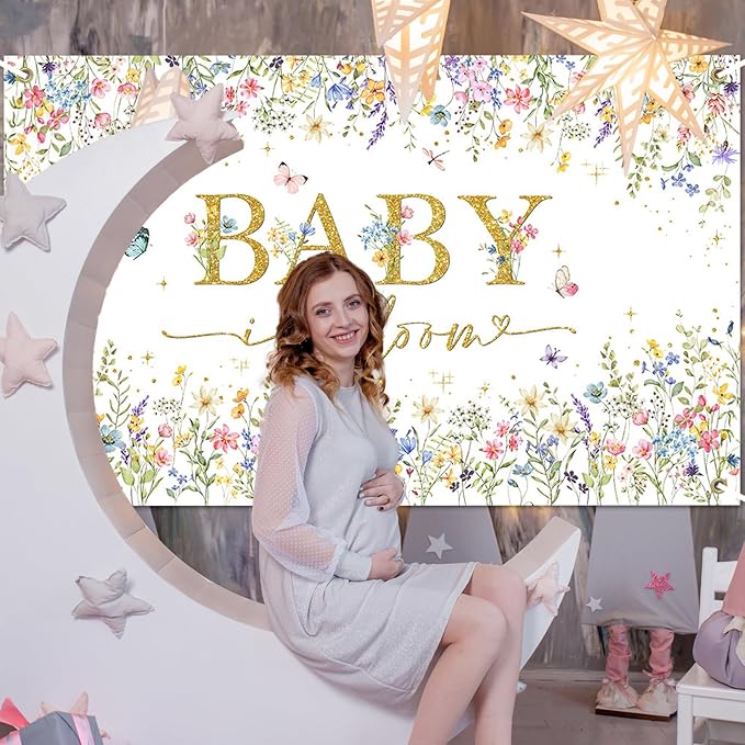 Avezano Baby in Bloom Backdrop Wildflower Baby Shower Party Decorations Watercolor Floral Baby in Bloom Banner Gold Glitter Butterfly Photography Background Cake Table Banner 70.8 x 43.3 Inch