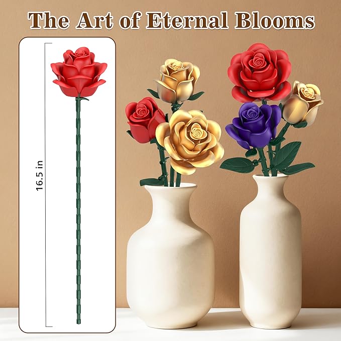 Rose Bouquet Flowers Building Set, 501Pcs Red Purple Golden Roses Artificial Flowers Botanical Collection Compatible with Lego Flowers Home Office Table Decor Valentines Day Xmax Gifts for Mom Women