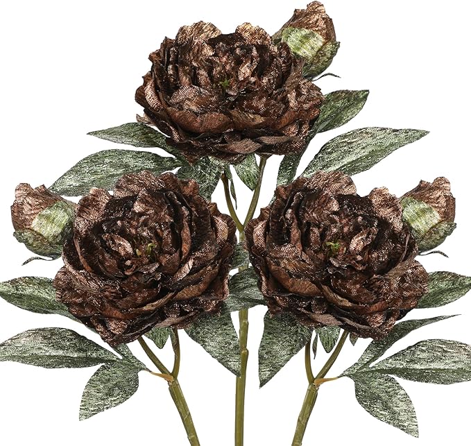 Briful 3PCS Artificial Christmas Peony Flower Stems, 15in Silk Peonies with Bud Fake Peony Floral Arrangement for Xmas Home Vase Party Wedding Bouquet Decor, Coffee Brown