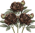 Briful 3PCS Artificial Christmas Peony Flower Stems, 15in Silk Peonies with Bud Fake Peony Floral Arrangement for Xmas Home Vase Party Wedding Bouquet Decor, Coffee Brown