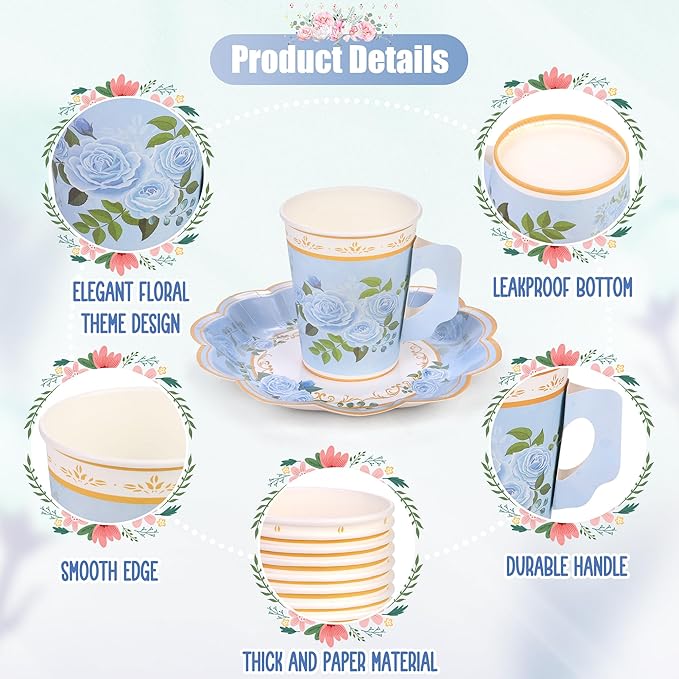 96 Piece Floral Paper Tea Cups and Saucers 9 Oz Teacup with Handle 9 Inch and 7 Inch Paper Plate Napkin Disposable Tea Party Supplies Serve 24 for Wedding Birthday, Pink, Blue, Yellow, Purple