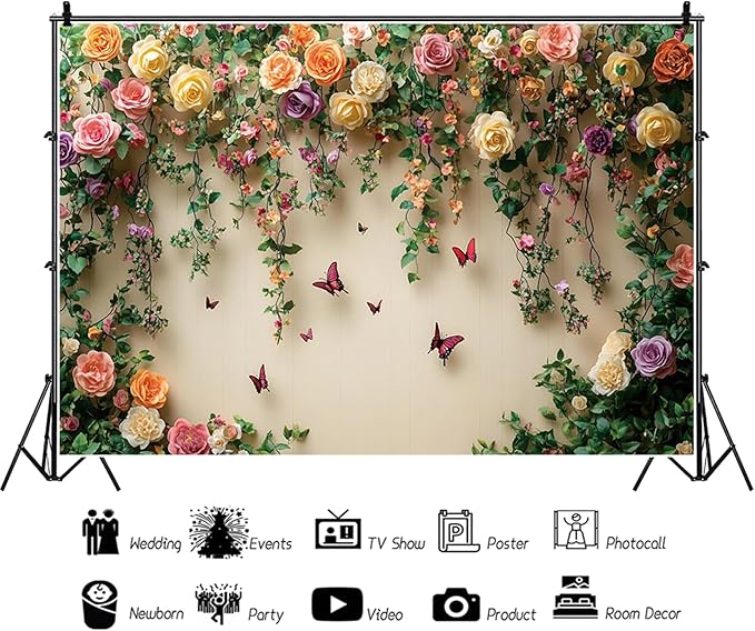 Baocicco 15x10ft Flowers Wall Photography Background Butterfly Spring Floral Botanical Banner Backdrop Vintage Wedding Birthday Backdrop Decorations Girls Party Table Cake Decoration Photo Props