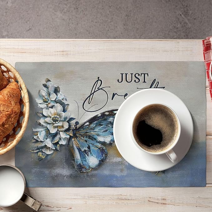 Blue Butterfly Placemats Set of 6, Farmhouse Country Rustic Just Breathe Place Mats Washable Double-Sided Table Mats for Dining Room Home Party Indoor 6 PCS 12x18 Inch