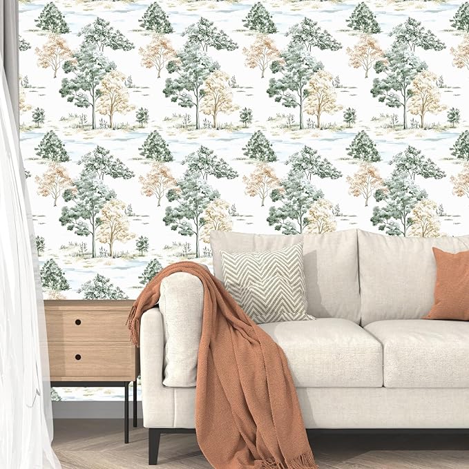 Trees Wallpaper Peel and Stick, White/Green/Yellow Forest Contact Paper, Modern Botanical Landscape Woodland Wall Paper Self Adhesive Waterproof Removable for Shelves Cabinet Drawer Table 17.5" x 118"