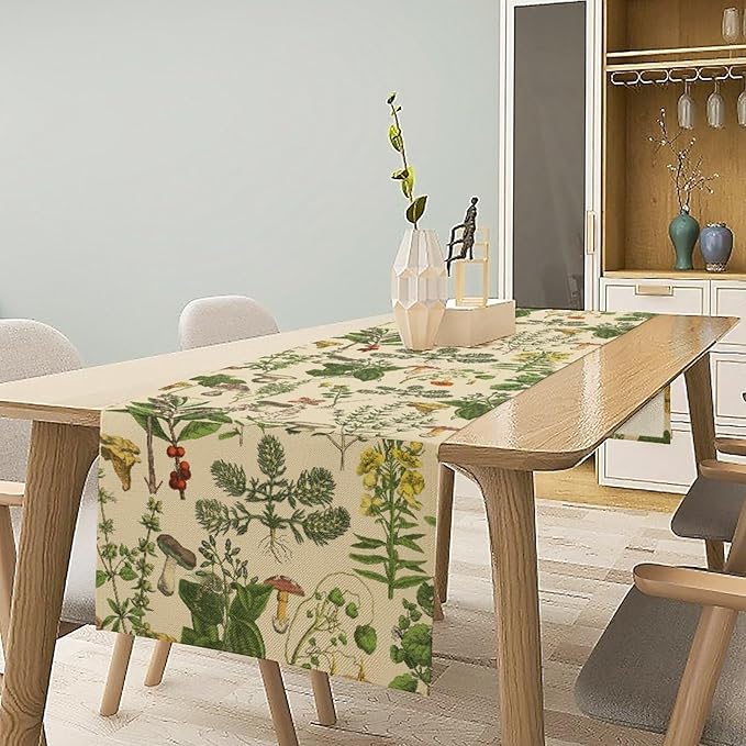 Vintage Botanical Table Runner, Antique 1900s Plants Herbs Mushroom Boho Retro Wildflower Ferns Print Table Runner for Farmhouse Kitchen Indoor Outdoor Decoration, 13x108inch