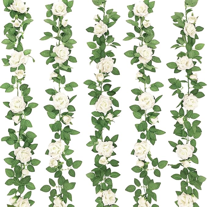 ZIFTY 5Pcs 32.5FT White Flower Garland Fake Vines Faux Artificial Floral Garland for Wedding Decortions Hanging Rose Ivy for Arch Garden Ceremony Background Outdoor Wall Decor