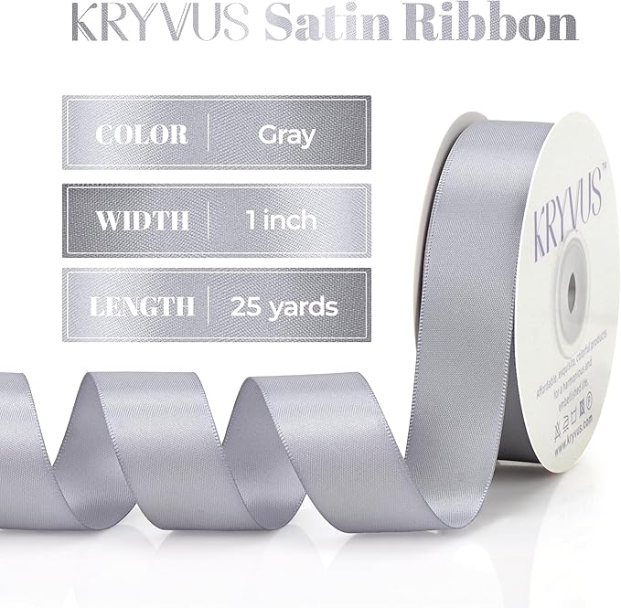 Gray Satin Ribbon, Double Faced 1 Inch X 25 Yards Gray Ribbon, Premium Satin Ribbon for Gift Wrapping, Crafts, Hair Bow Making, Sewing, Flower Bouquet, Wedding Party Decor