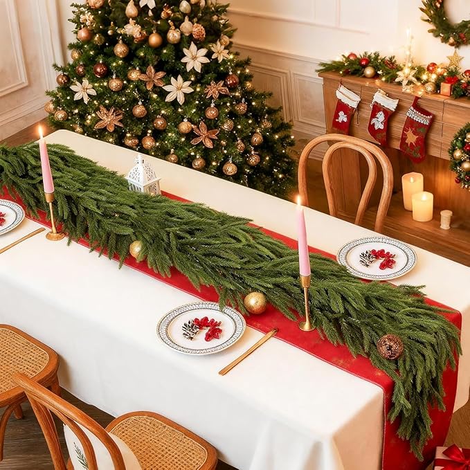 9ft Artificial Christmas Garland, Realistic Norfolk Pine Greenery Garland for Fireplace Mantel, Table, Doorframe, Indoor Outdoor Xmas Holiday Decoration, Real Touch Full Cedar Pine Garland
