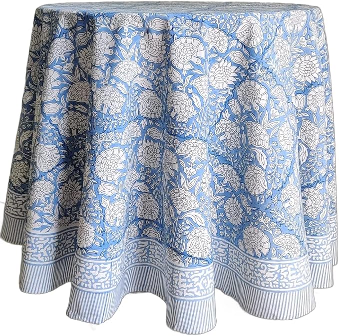 ATOSII Azora Blue 100% Cotton Round Tablecloth, Handblock Print Floral Table Cloth for Kitchen Dining Linen I Parties, Weddings, Outdoors I 90" Inches Round