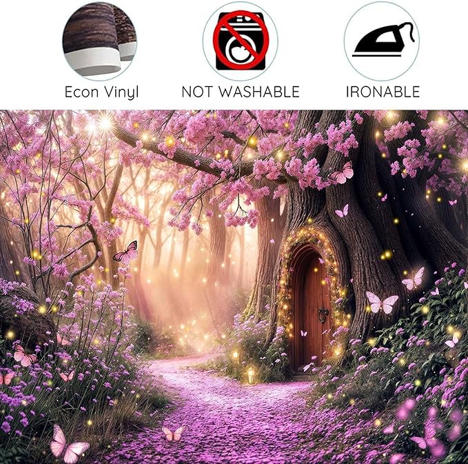 7X5ft Enchanted Forest Backdrop Fairy Tale Purple Garden Wonderland Tree House Floral Background for Kids Girl Baby Shower Birthday Party Decoration Banner Cake Table Photo Booth Props