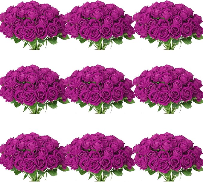 102 PCS Purple Roses Artificial Flowers, Fake Purple Roses, Purple Artificial Roses with Stems for Wedding Flowers Decoration, Valentines Roses, Wedding Decoration