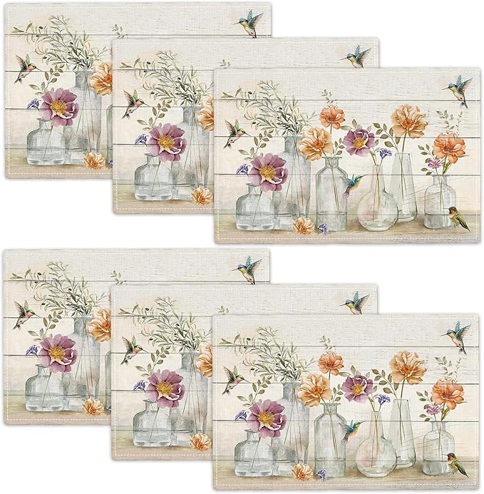 Floral Placemats Set of 6 Flower Hummingbird Table Mats Washable Place Mats for Home Party Indoor Kitchen Dining Table Decoration 12x18 Inch