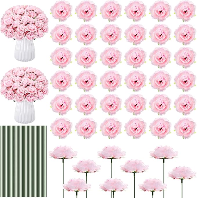 200 Pcs Flowers Long Stem Artificial Rose Bulk, 3.2 Inches Silk Rose Head Flowers Faux for Wedding Bridal Bouquet Independence Day Home Floral DIY Centerpieces Party Decoration(Pink)