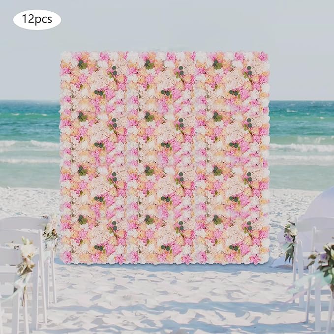 12pcs 24" x 16" Artificial Flower Wall Panel Background,3D Pink Champagne Silk Eucalyptus Rose Flowers Wall Backdrop for Wedding Party Event Photo Backdrop Wall Decor (Type 2)