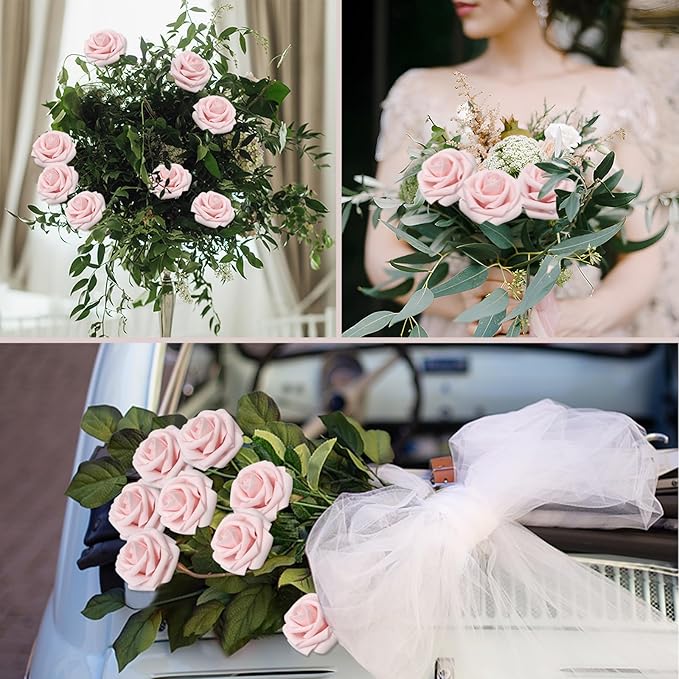200PCS Artificial Flowers Light Pink Roses Real Looking Foam Fake Roses with Leaves and for DIY Wedding Bouquets Bridal Shower Centerpieces Party Decorations (Light Pink, 200)