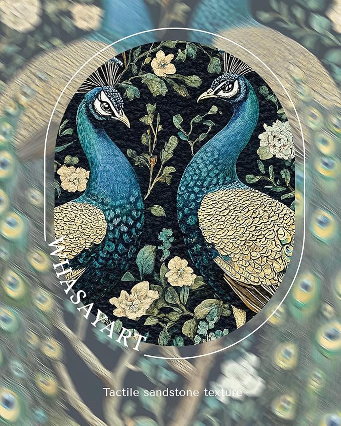3D Textured Framed Peacock Wall Art 16x16 Vintage Floral Botanical Decor Sandstone Surface, Victorian Antique Bird Painting Black Frame Gold Dot Accents, Classic Peacock Artwork Home Shop Decor