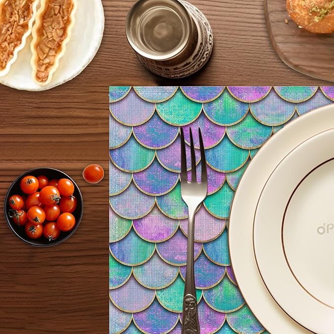 Mermaid Purple Placemats Set of 6,Washable Heat Resistant 12×18 Inch Linen Table Mats Fish Scales Place Mats for Party Outdoor Dining Décor