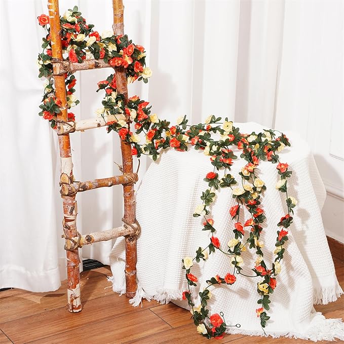 10 Pcs 82FT Flower Garland, Artificial Rose Garland Flowers Plants Fake Flower Hanging Rose Ivy, Birthday Party Valentine's Day Wedding Wall Arch Decor（Orange）