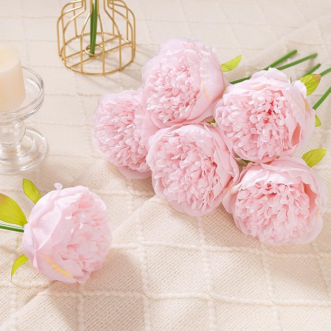 U'Artlines 2 Bouquet 10 Heads Artificial Peony Silk Flower Leaf Home Office Wedding Party Festival Bar Decor (Light Pink)