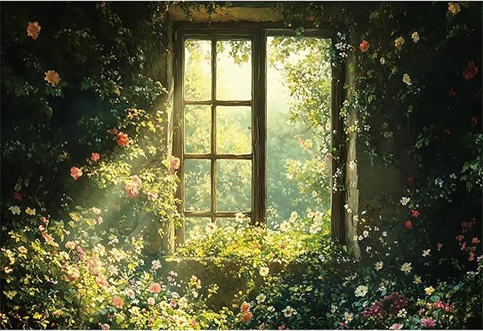 Baocicco 7x5ft Spring Window Photography Backdrops Sunshine Oil Painting Flowers Background Cloth for Marriage Valentines Mothers Day Engagement Party Decoration Photo Props Background Supplies