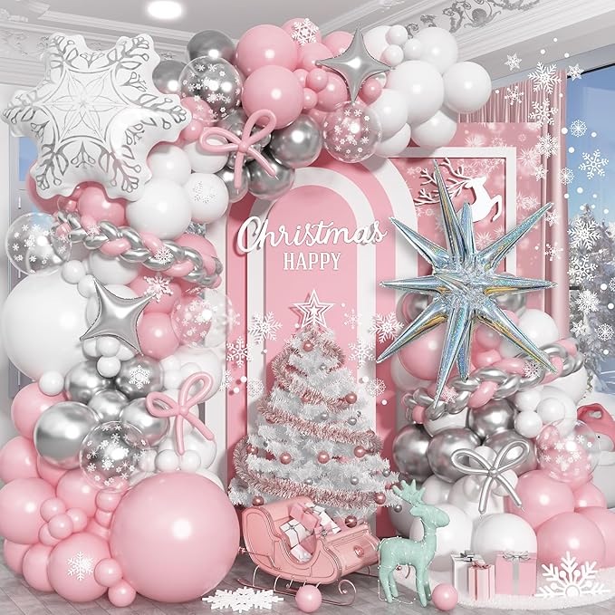 Pink Winter Wonderland Balloon Arch Garland Kit, Pink White Metallic Silver Balloons with Snowflake Star Foil Balloons for Winter Christmas Baby Its Cold Outside Baby Shower Birthday Party Decorations