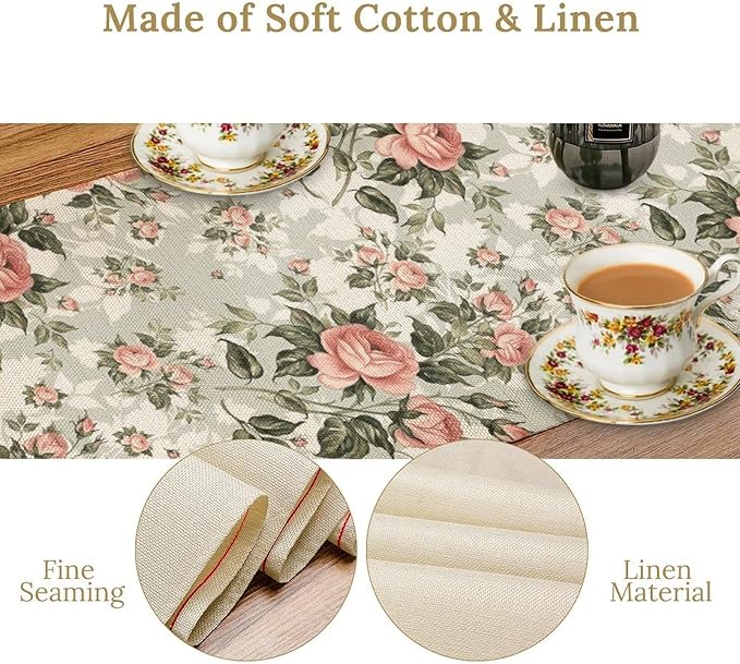 Rose Floral Table Runner, Green Pink Rose Leaf Classic Vintage Decorative Table Runner for Kitchen Dining Party Wedding Home Decor, 13x70 Inch