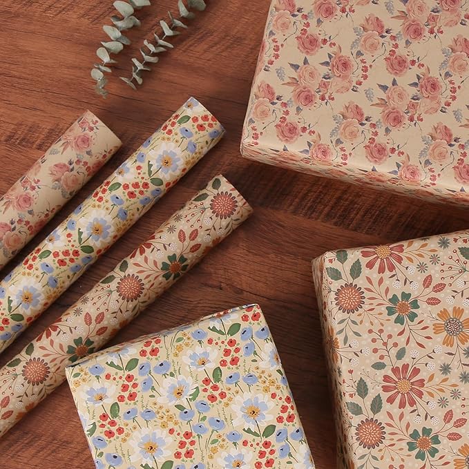Aimyoo Watercolor Floral Kraft Wrapping Paper Roll, All Occasion Vintage Flower Gift Wrap for Wedding Birthday Bridal Shower, 17 inch x 60 ft