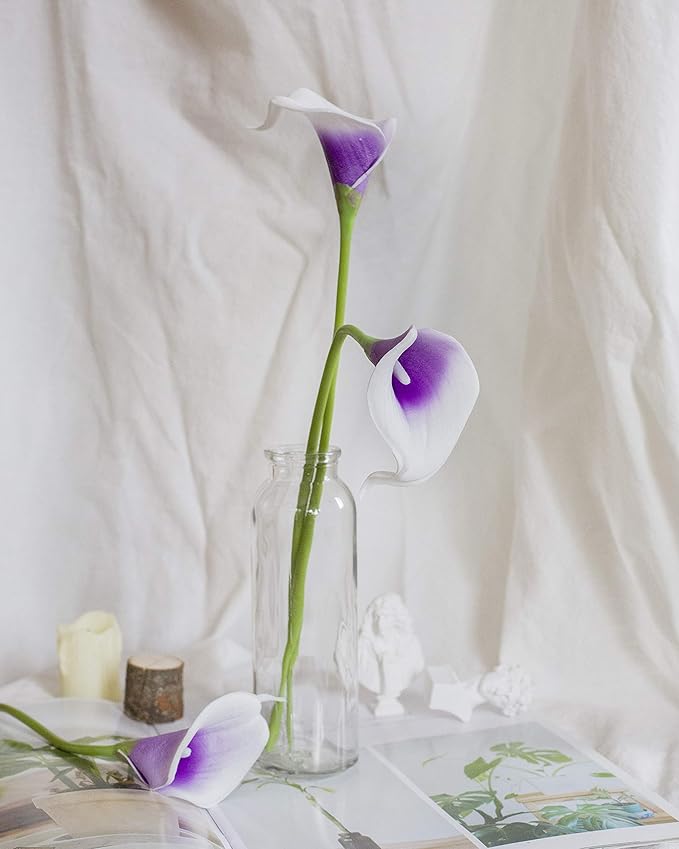 DuHouse 20Pcs Calla Lily Artificial Real Touch Latex Flowers Fake Wedding Bouquet Home Wedding Party Decor (Purple White)