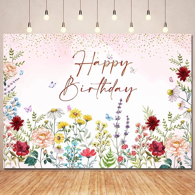 Wildflower Happy Birthday Backdrop Banner Girls Floral Birthday Decorations,Spring Watercolor Wildflower Bday Background Women Girls Wild Flowers Theme 1st Birthday Party Decor Photo Booth Props 8x6ft