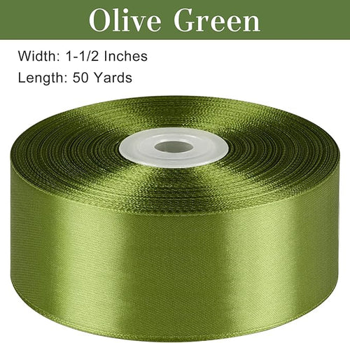 1-1/2 Inches 50 Yards Olive Green Satin Ribbon, Solid Fabric Ribbon Roll for Flower Bouquets, Gift Wrapping, Wedding, Handmade Crafts