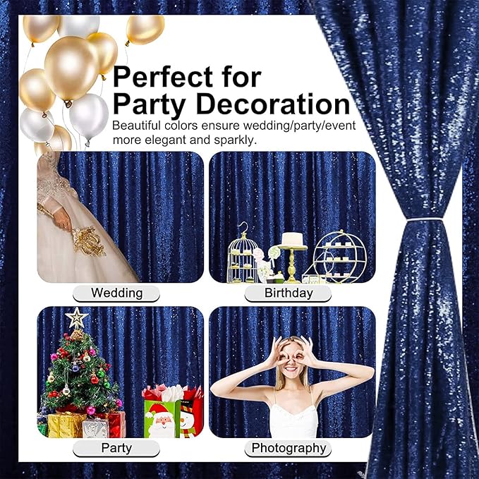 Navy Blue Sequin Backdrop Curtains Glitter Drapes 2FTx8FT 4 Panels for Wedding Birthday Party Decorations Bridal Baby Shower Party Supplies Sparkly Photography Background