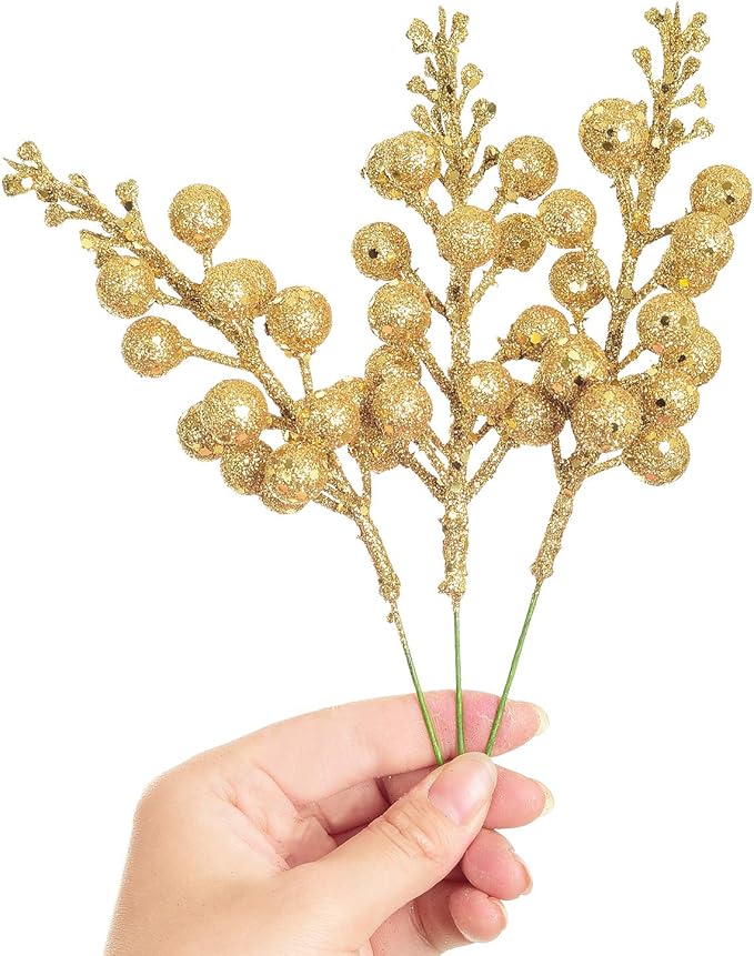 Lvydec 16pcs Christmas Glitter Berries Stems, 7.8" Artificial Christmas Picks for Christmas Tree Ornaments, DIY Xmas Wreath, Crafts, Holiday and Home Decor (Gold)