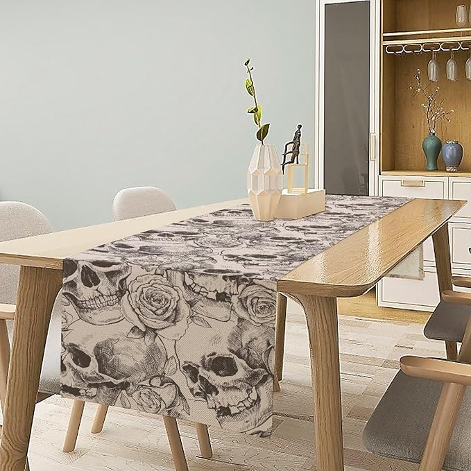 Gothic Table Runner,White Skull Floral Print Table Runner for Home Kitchen Table Dining Garden Farmhouse Wedding Party Decor 13x120 Inch