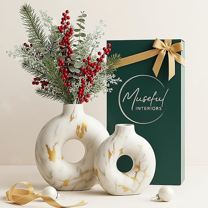 Modern Ceramic Donut Vase Set of 2 - Boho Design White and Gold Marble Pattern Vases for Flowers and Pampas - Elegant Home Decor Centerpieces for Coffee Tables - Entryways - Dining and Living Rooms