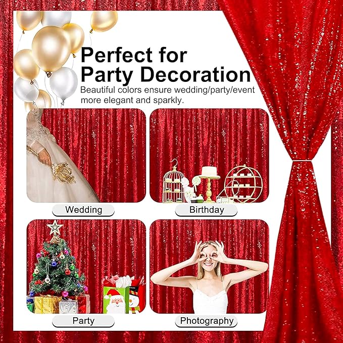 Red Sequin Curtains 4FTx8FT 2 Panles Sequin Backdrop for Parties Glitter Backdrop Photo Background for Wedding Baby Shower