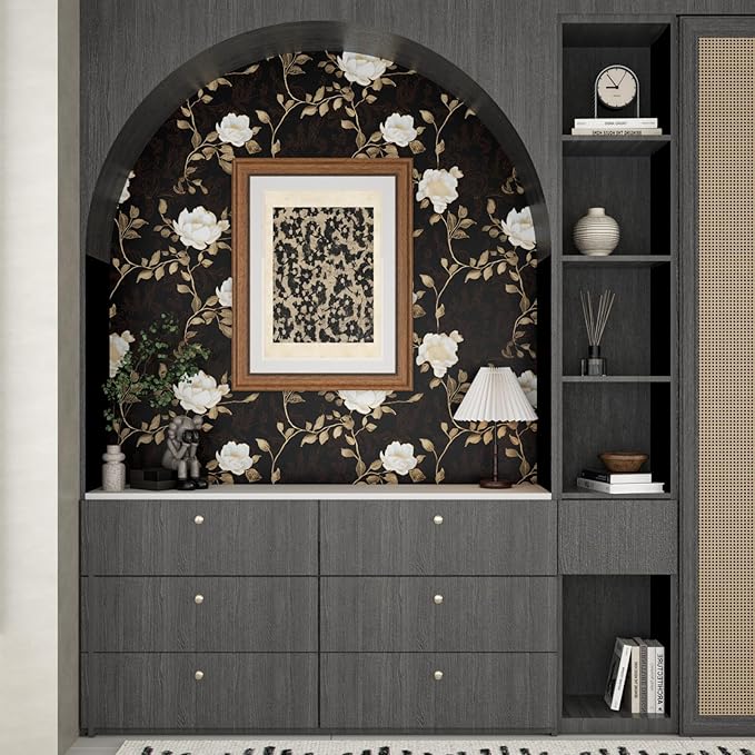 Black Golden Floral Peel and Stick Wallpaper Flowers Contact Paper 17.5"x118" Self Adhesive Waterproof Vintage Dark Floral Wall Paper for Shelf Liner Cabinet Decor
