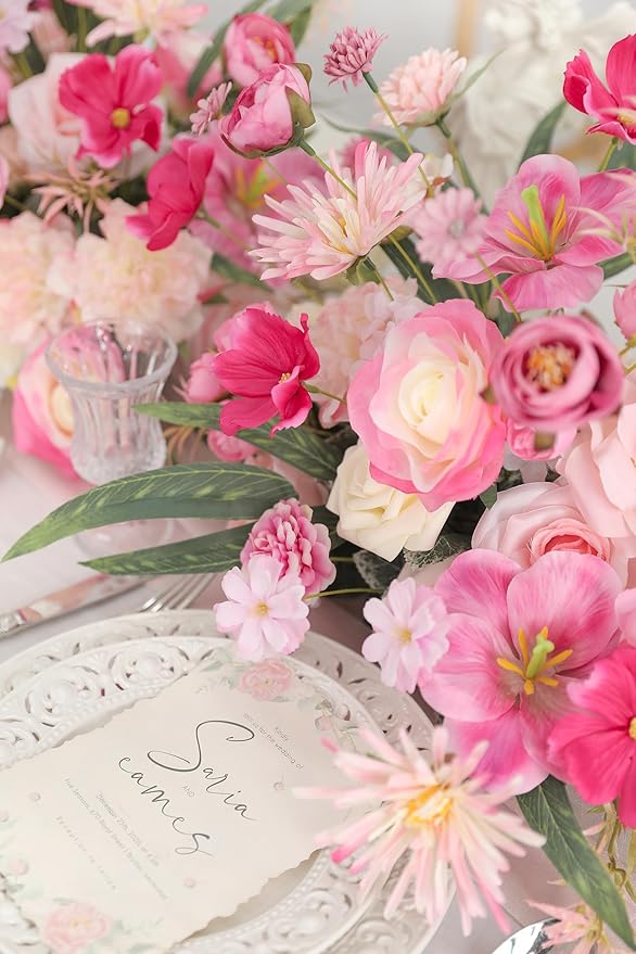 YYHUAWU Artificial Flowers Combo Set Fake Flower Leaf Box with Stems for DIY Wedding Bouquets Centerpieces Flower Arrangements Decorations Baby Shower Party Home Decorations White Pink