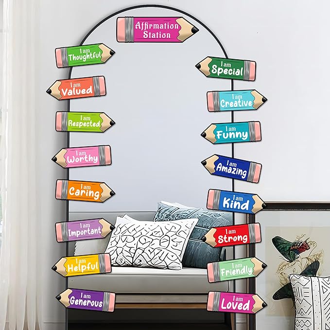 Watercolor Inspirational Mirror Decals Pencil Cutouts Stickers for Bulletin Board Set Kids Motivational Stickers for Galss Window Positive Affirmation Wall Decal for Playroom Nursery Teacher Supplies