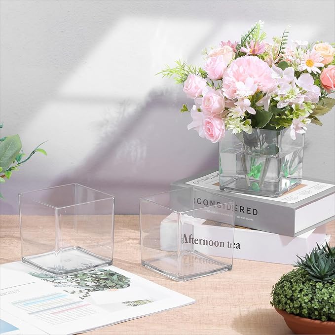 6 Pcs Square Acrylic Vase 4" x 4" Plastic Flower Acrylic Vases for Centerpieces Plastic Vase Cube Bulk Succulent Pots Planter Clear Square Vases for Centerpieces Plant Wedding Home Office Floral Decor
