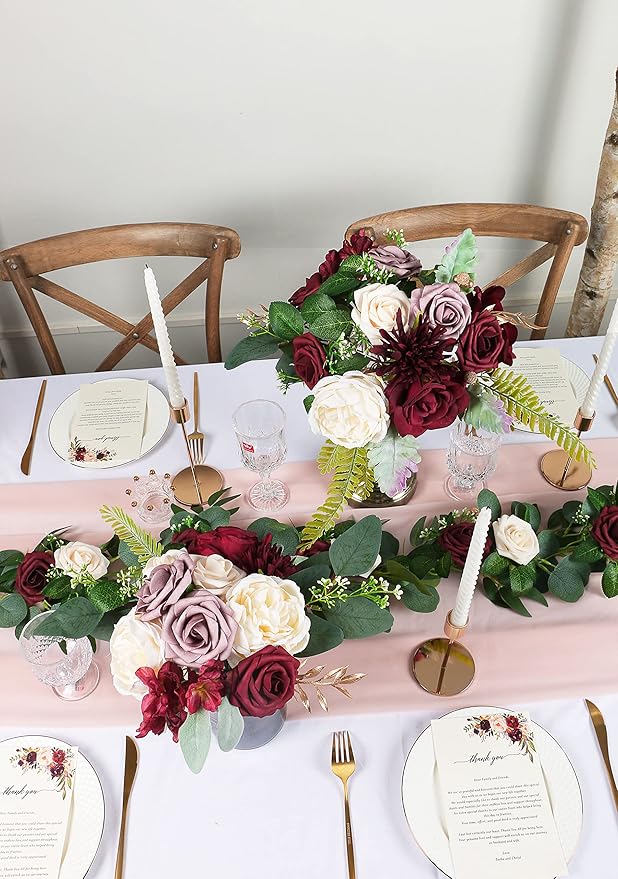 ponatia Burgundy Artificial Flowers, Wedding Flowers Combo for DIY Wedding Bouquets Centerpieces Arrangements Party Baby Shower Home Decorations (Dusty Rose & Cream)
