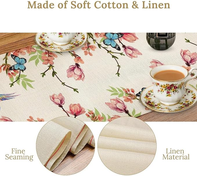 Floral Butterfly Table Runner Seasonal Spring Flower Bird Table Decoration Table Runner for Home Party Decoration 13x60 Inch