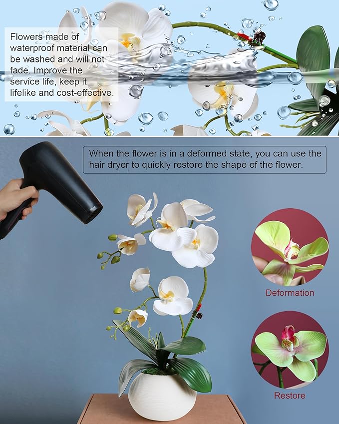 Forlaoers Tall 17" White Real Touch Orchid Artificial Flowers with Vase Fake Orchids Silk Floral for Home Decor Indoor Bathroom Decoration Potted Office Table Centerpieces Arrangements