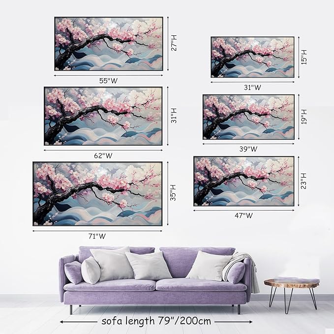 Japanese Cherry Blossom Canvas Wall Art, Sakura Tree Canvas Print, Pink Floral Pictures, Cherry Blossom Tree Wall Art, Flower Branch Decor, Nature Prints for Living Room (Black Framed, 47"x23" | 120x60cm)