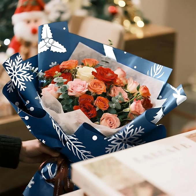 LeZakaa 20 Sheets Flower Wrapping Paper, Navy Blue Christmas Reindeer and Snowflake Design Waterproof Floral Bouquet Paper for Christmas, Winter Holiday Party Gift Packaging