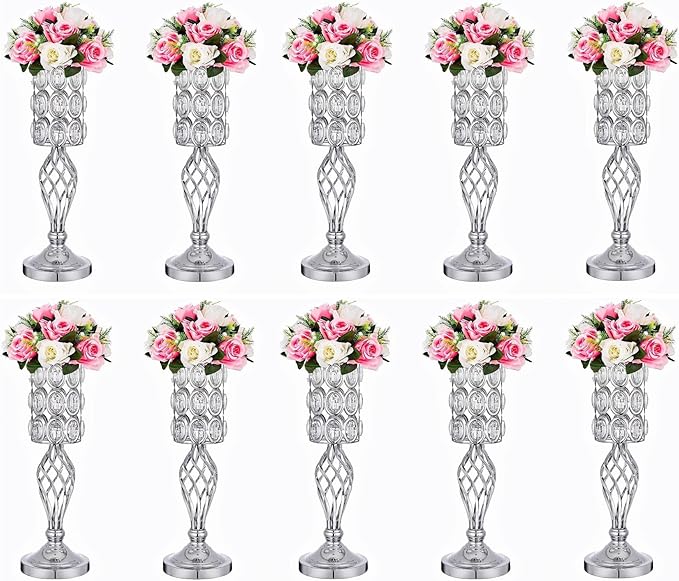 Set of 10 Diamond Crystal Wedding Centerpiece Vases for Tables, 20"/24" Versatile Tall Flower Holders Centerpiece Flower Stands for Wedding Party Reception Dining Room Living Room Décor