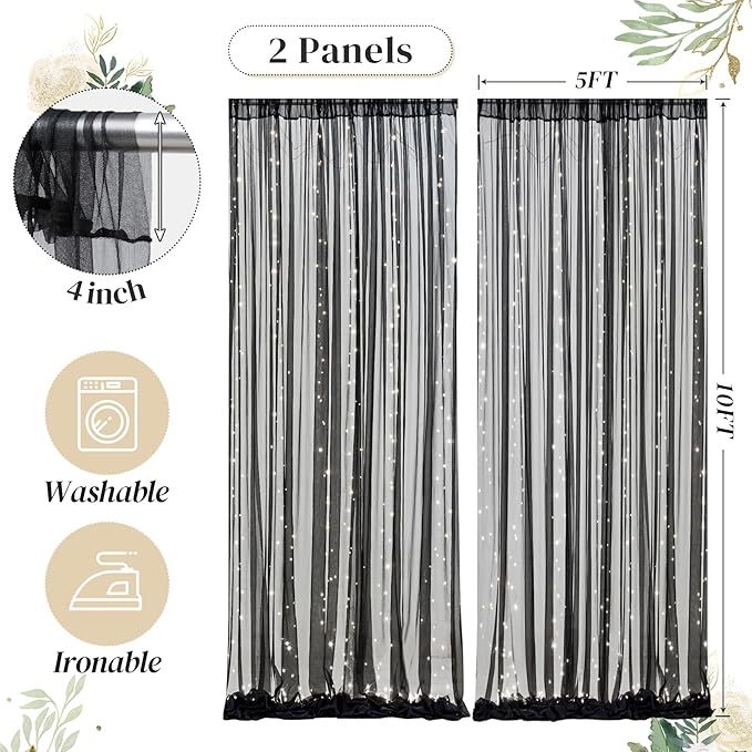 10ft x 10ft Black Backdrop Curtain with Lights String for Parties, Sheer Tulle Wedding Photo Backdrops Drapes for Baby Shower Birthday Party Decorations Background for Photography