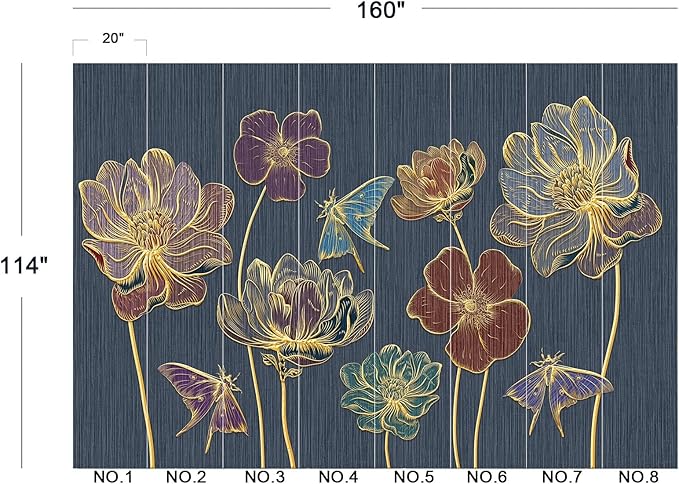 Eierme-Gold Embossed Plants and Flowers Mural Wallpaper Peel and Stick 160" x 114"